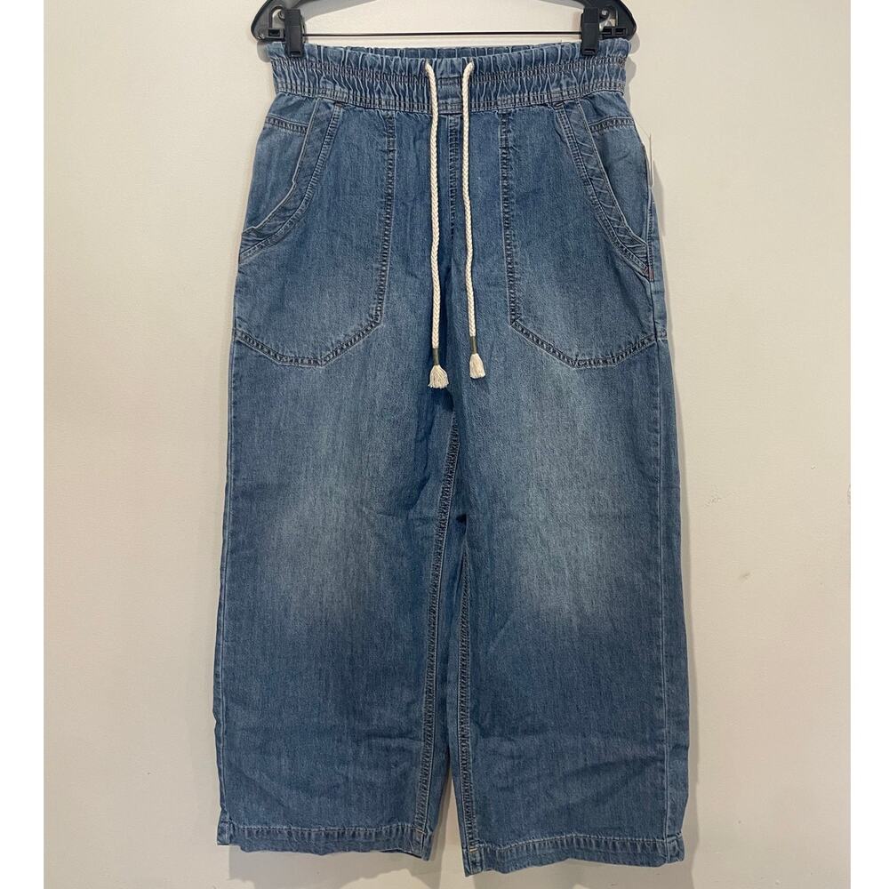 Free People Blue Cropped Wide-Leg Drawstring Jeans - Picture 2 of 2